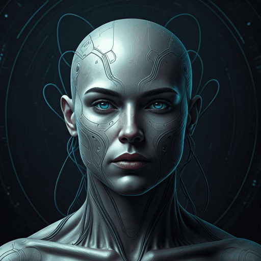 Futuristic cybernetic portrait with digital data overlay